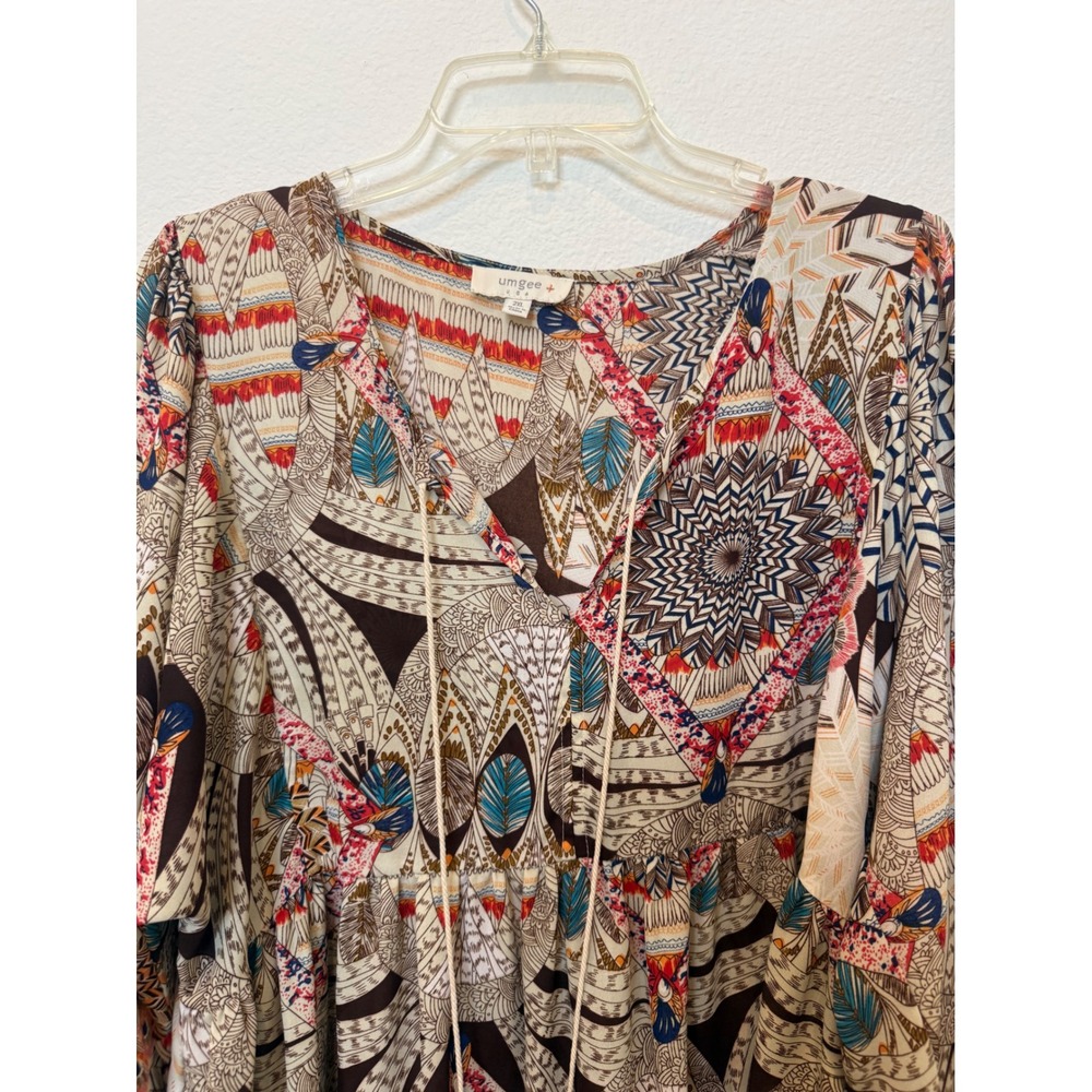 Umgee Plus Womens 2XL Boho Geometric Feather Print Tassel Tunic Dress - Picture 2 of 7